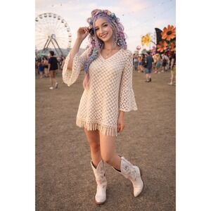 Boho Cream Floral Embroidered Lace Mini Dress Bell Sleeve Tassel Fringe Cover Up